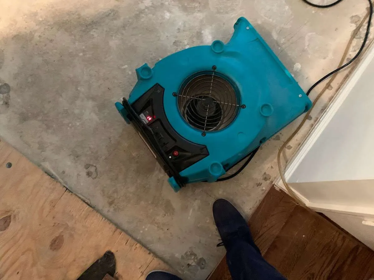 Air mover drying subfloor during Leak Detection & Repair in Bloomington